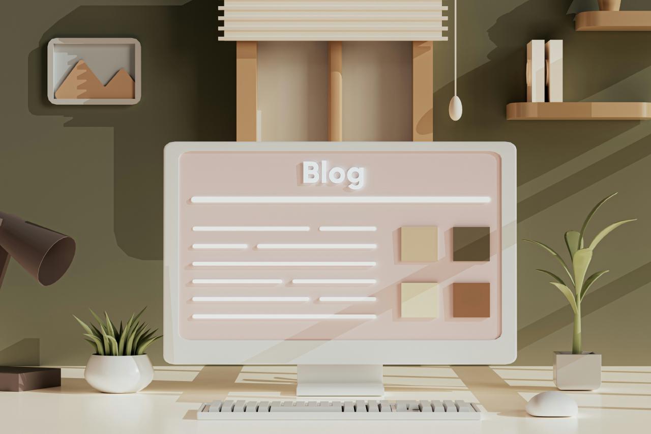 Render of a desktop computer with a blog page