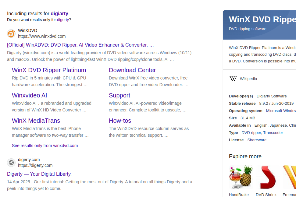 Screenshot of Bing search engine showing the wrong results for Digerty.