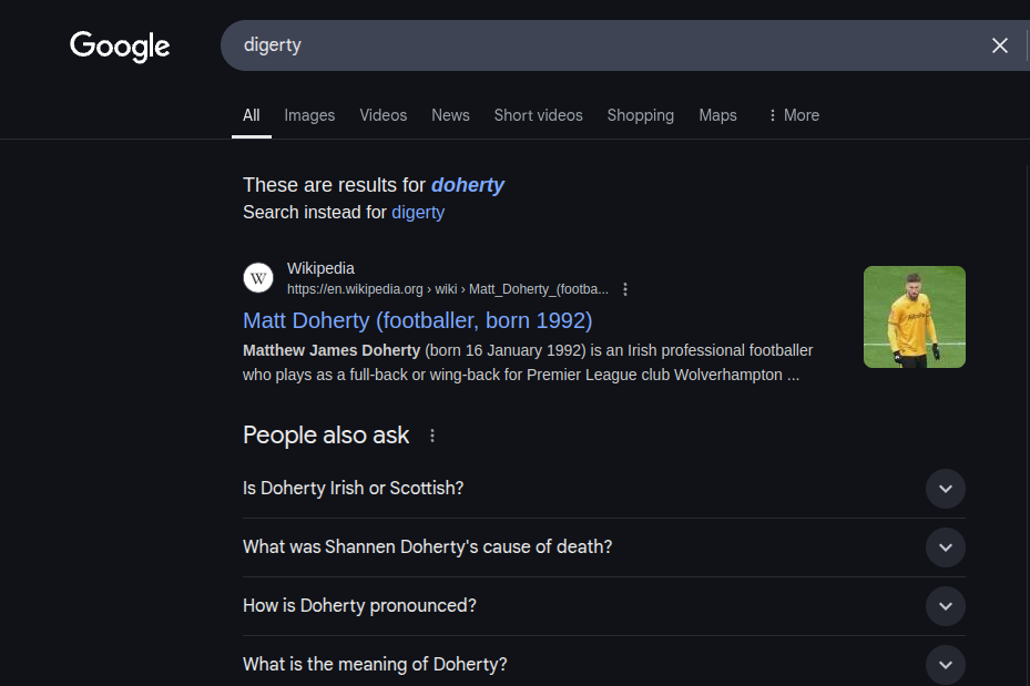 Screenshot of Google search engine showing the wrong results for Digerty.