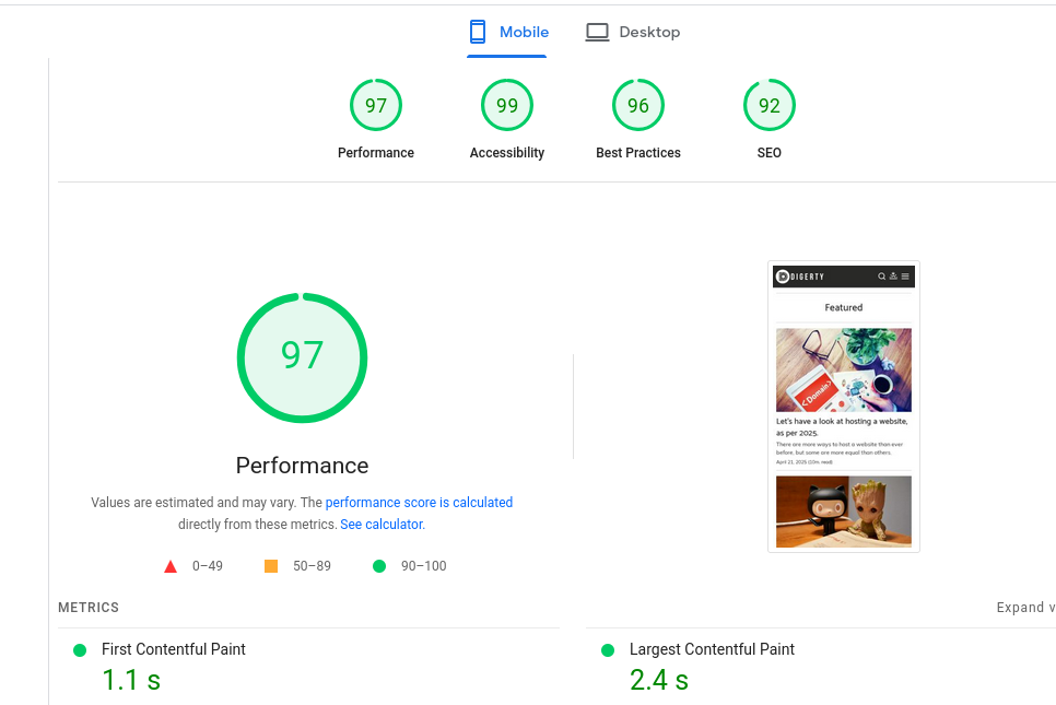 Screenshot of Pagespeed insights on Google Search Console