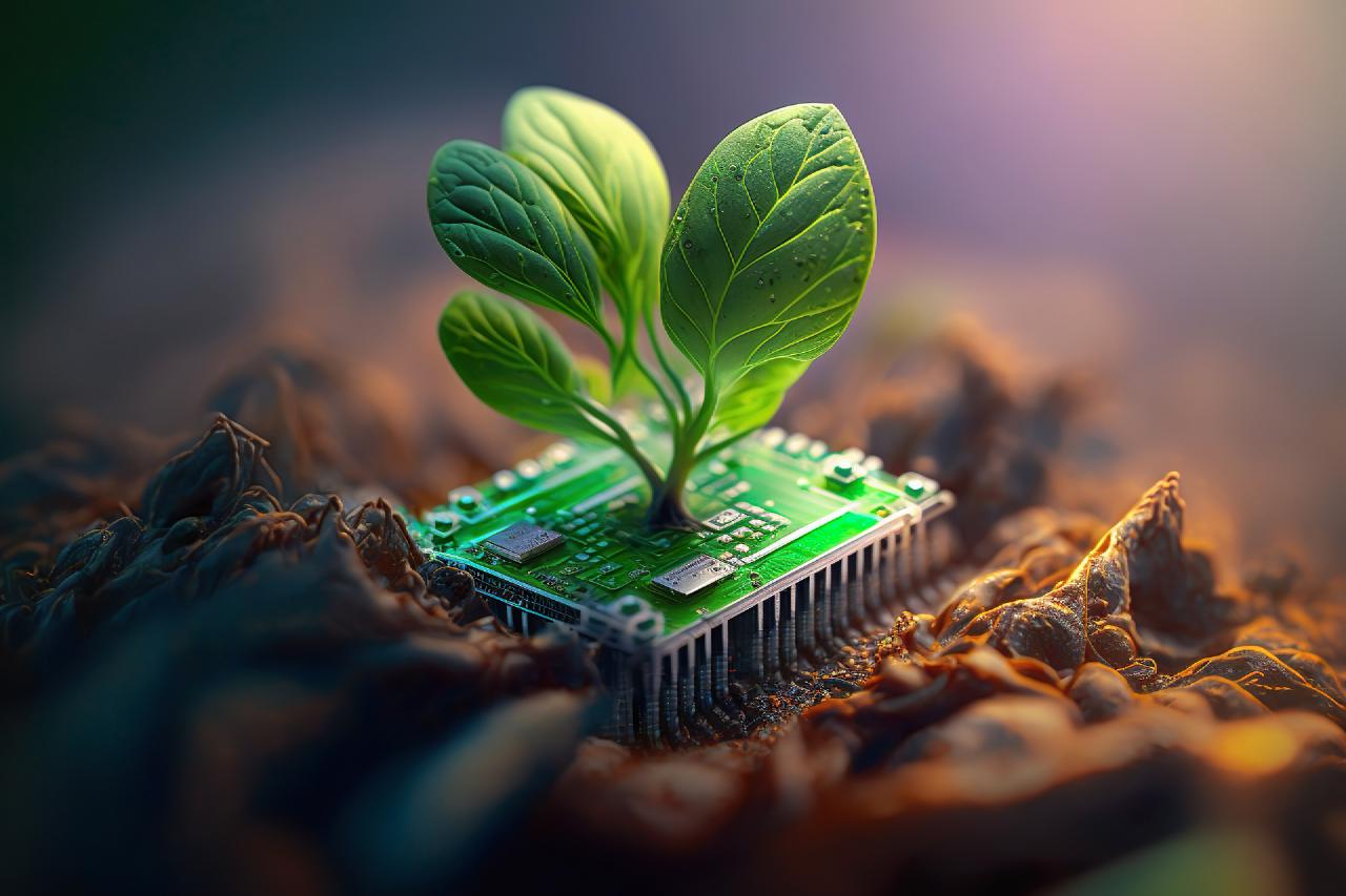 Picture of a green leafling growing atop a printed circuit board.