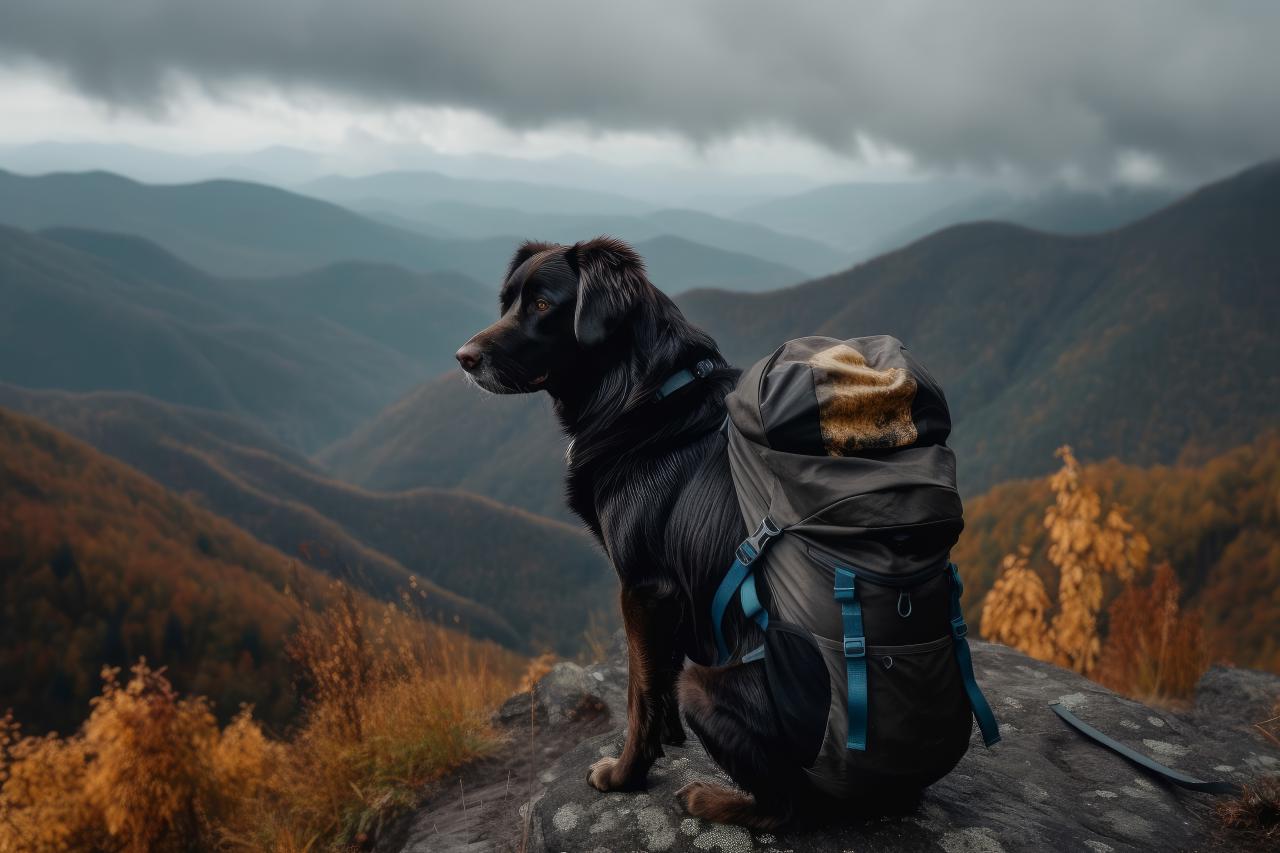 Picture of a dog wearing a backpack, while looking out into the great beyond.