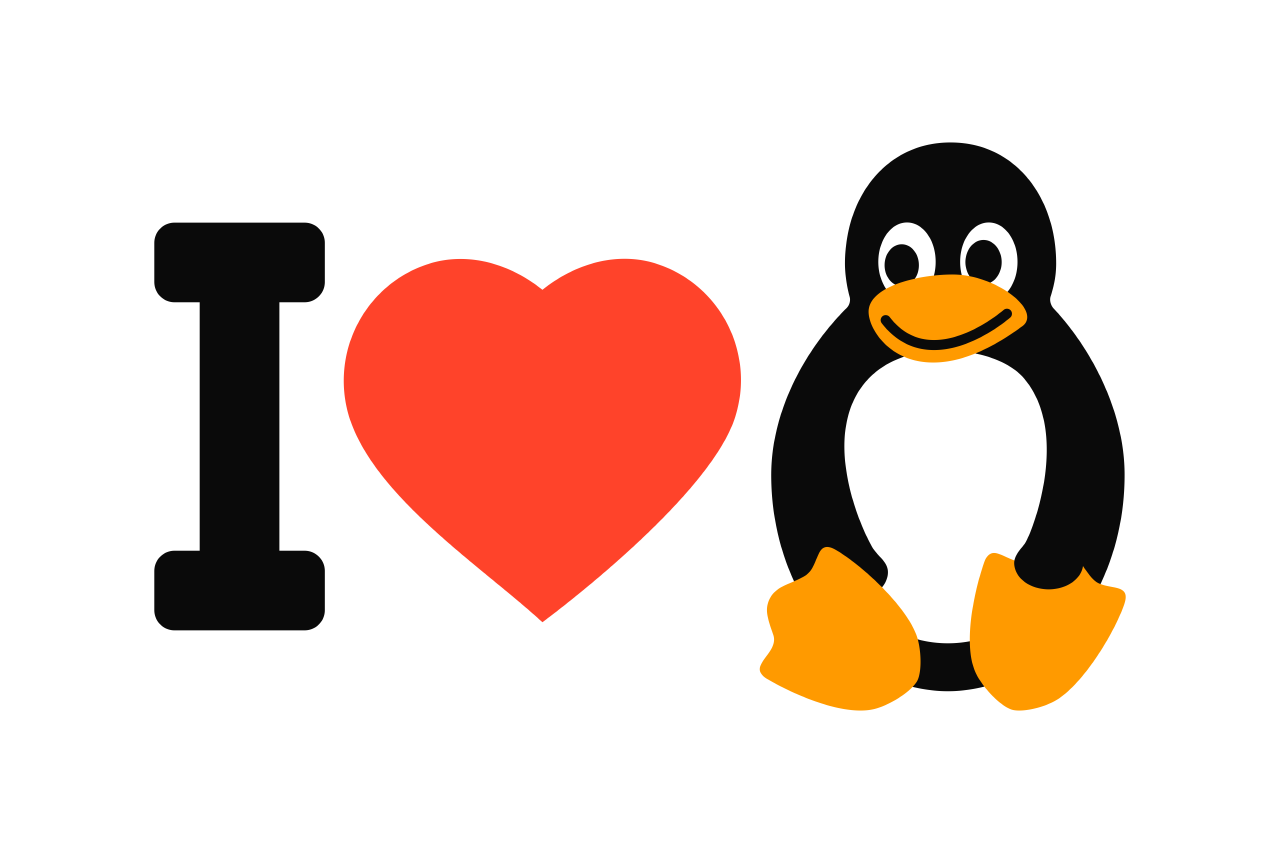 I Love Linux, spelled with an I, a heart and Tux, the Linux mascot