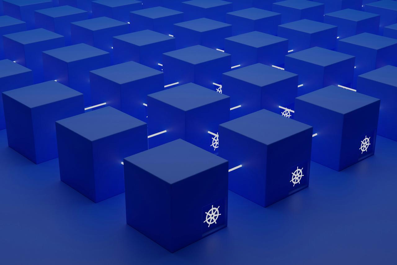 Render of a large group of futuristic looking blue boxes with the kubernetes logo