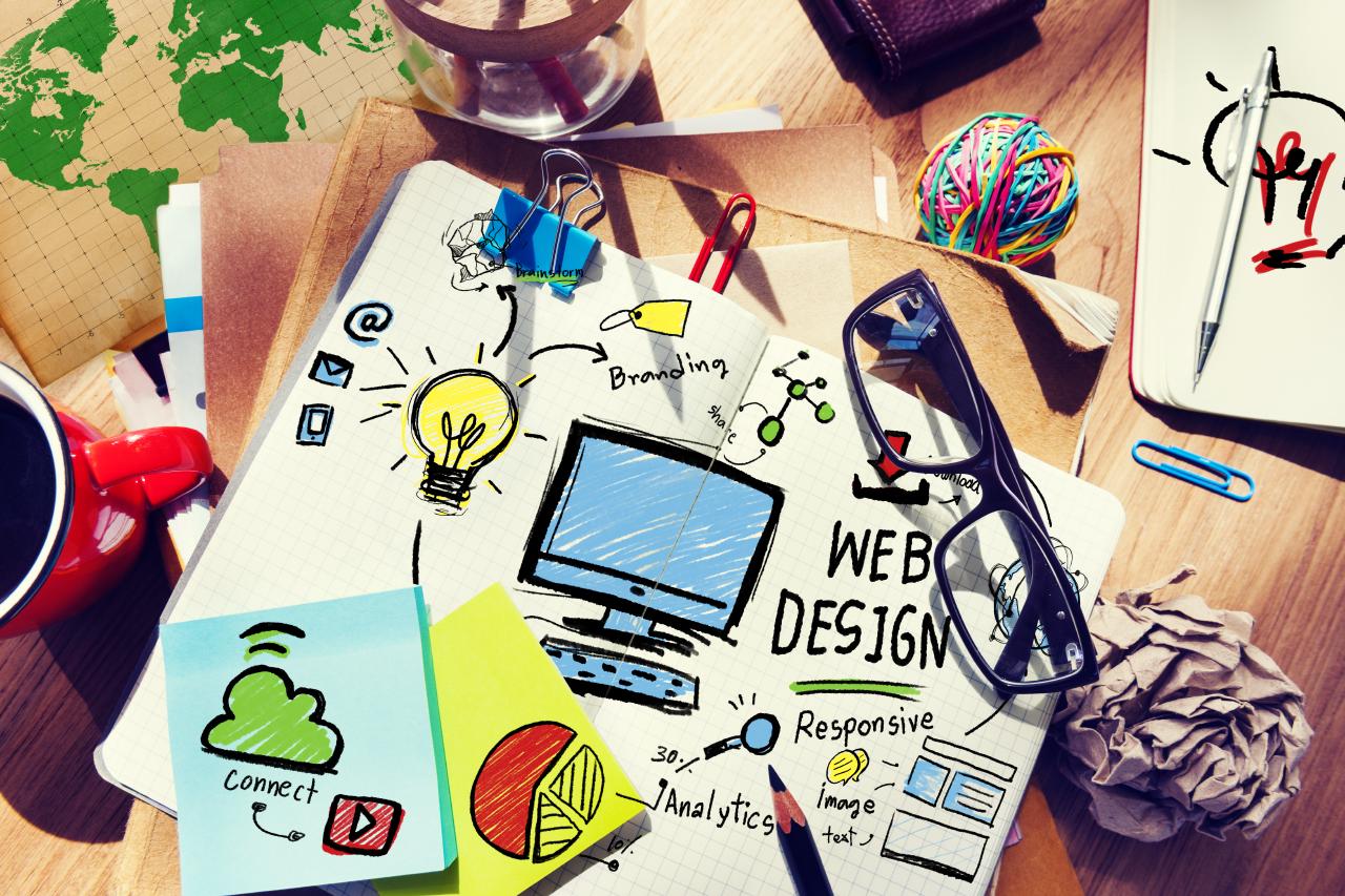 Picture of a desk with a notebook and web design doodles