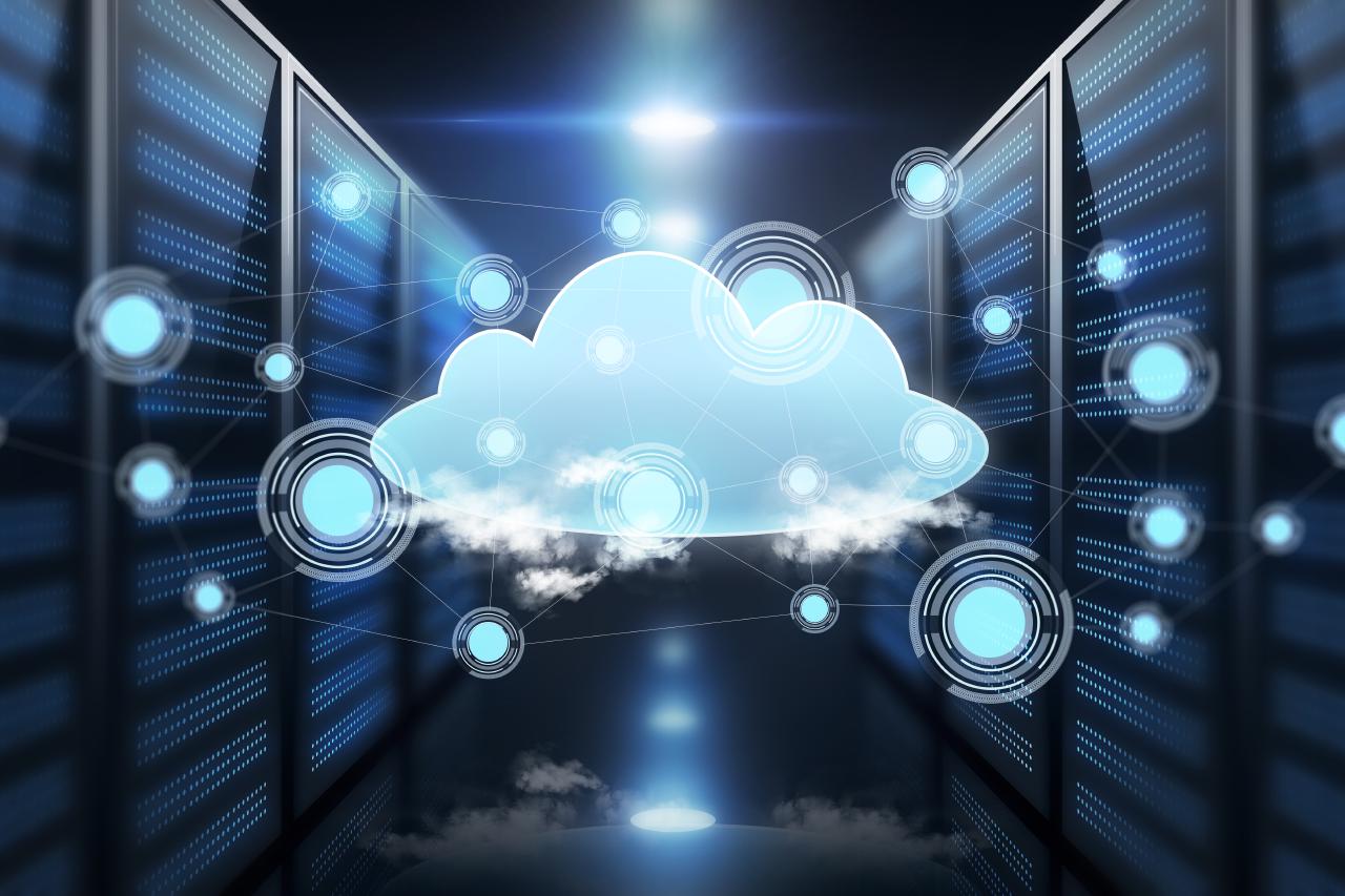 Photo of server racks in a datacenter with a stylized cloud
