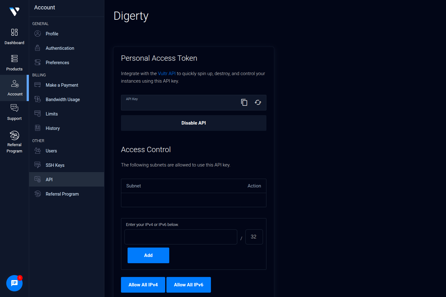 Screenshot of the API Key page on the Vultr dashboard.